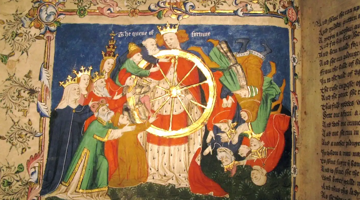 Колесо фортуны - иллюстрация из средневековой рукописи