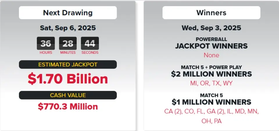 Анонс грядущего тиража на сайте Powerball