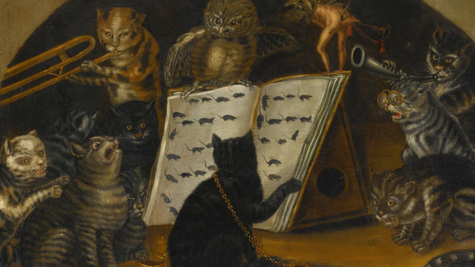 «Кошачий концерт под руководством совы». Неизвестный художник, Северная Италия (около 1700 г.). 