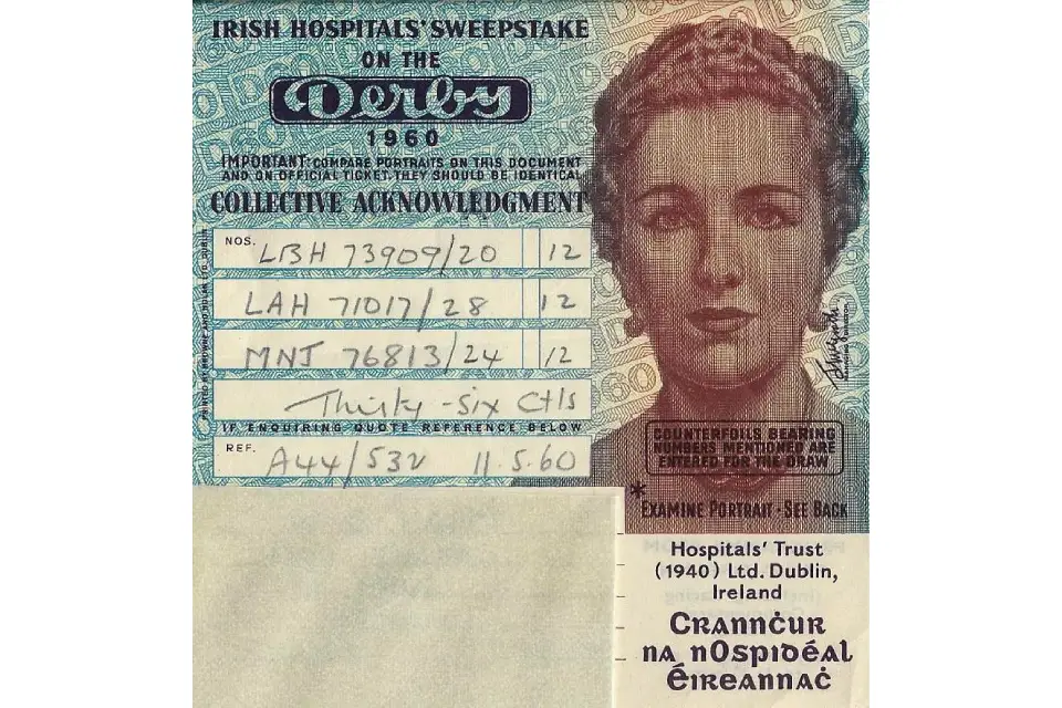 Бланк подтверждения продажи билетов Ирландской лотереи, 1960 год