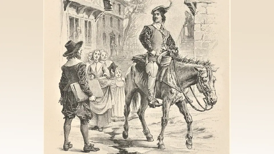 Д’Артаньян верхом на своем коне – гравюра Жюля Юйо по рисунку Мориса Лелуара, 1894 год