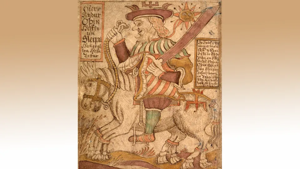 Бог Один на восьминогом коне Слейпнире – иллюстрация из исландской рукописи XVIII века