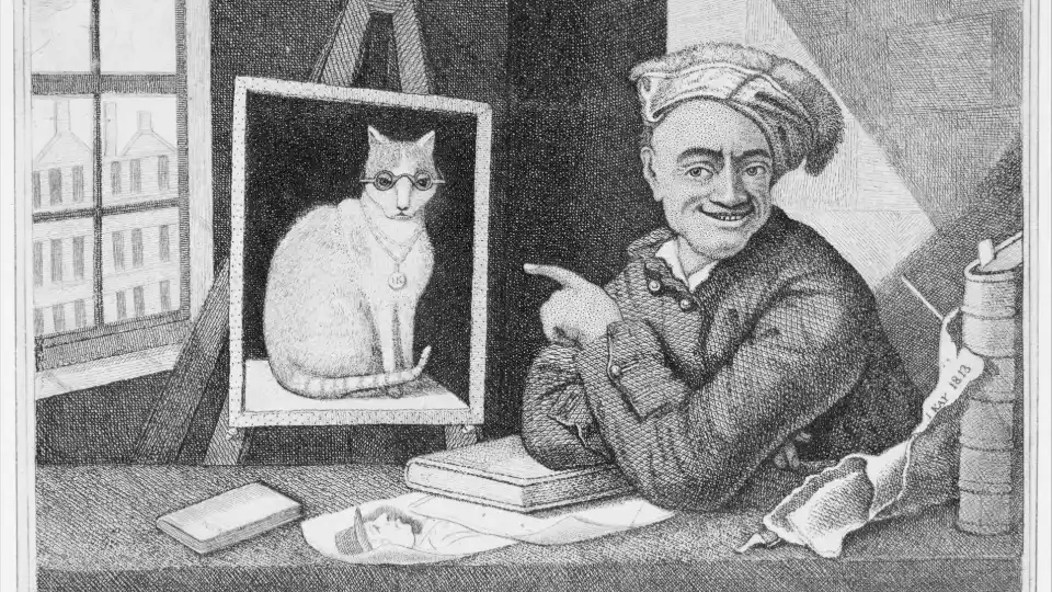 Гравюра шотландского карикатуриста Джона Кея «Любимый кот и художник де Ла-Тур» (1813).