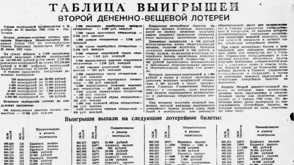 Таблица выигрышей в газете «Вечерняя Москва» от 30 ноября 1942 года Таблица выигрышей в газете «Вечерняя Москва» от 30 ноября 1942 года