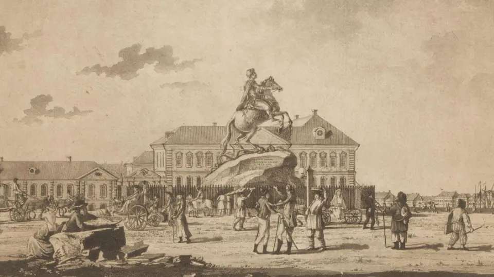 Памятник Петру I на рисунке Кристиана Готтхельфа Шёнберга, 1794 г.