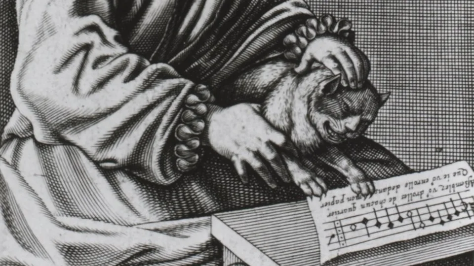 «Кошачий концерт». Французская гравюра братьев Боннар, Париж, конец XVII века