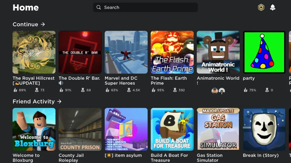 Меню выбора игр в Roblox