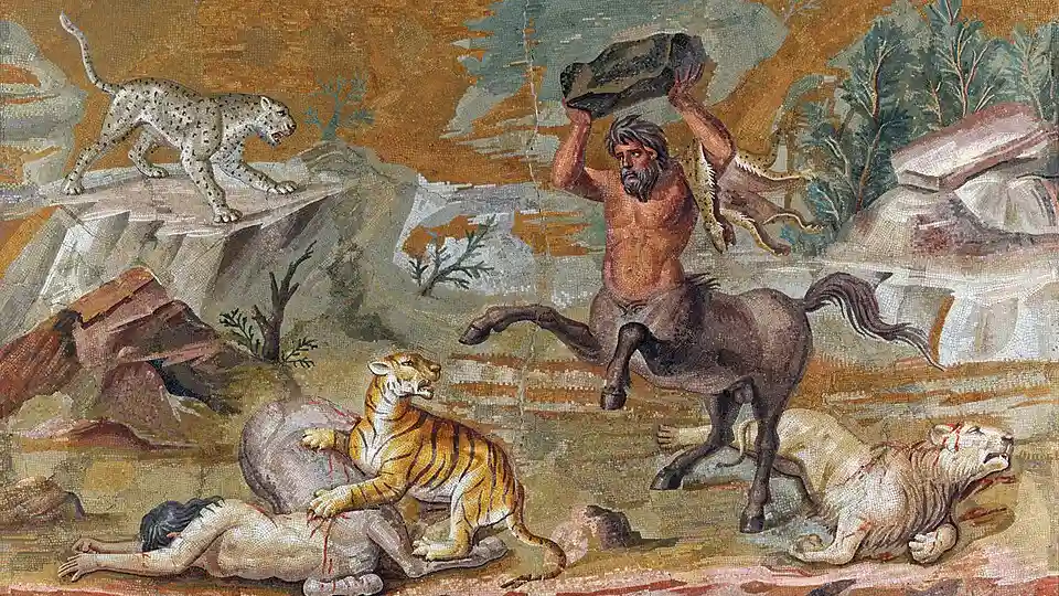 Мозаика «Битва кентавров с дикими зверями», созданная для столовой виллы Адриана (120–130 гг. н. э.) в Тиволи, Италия