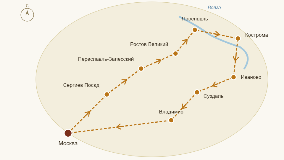 Карта маршрута по основным городам Золотого кольца России