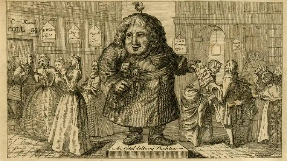 Гравюра 1740 года, высмеивающая лотерейных мошенников. 