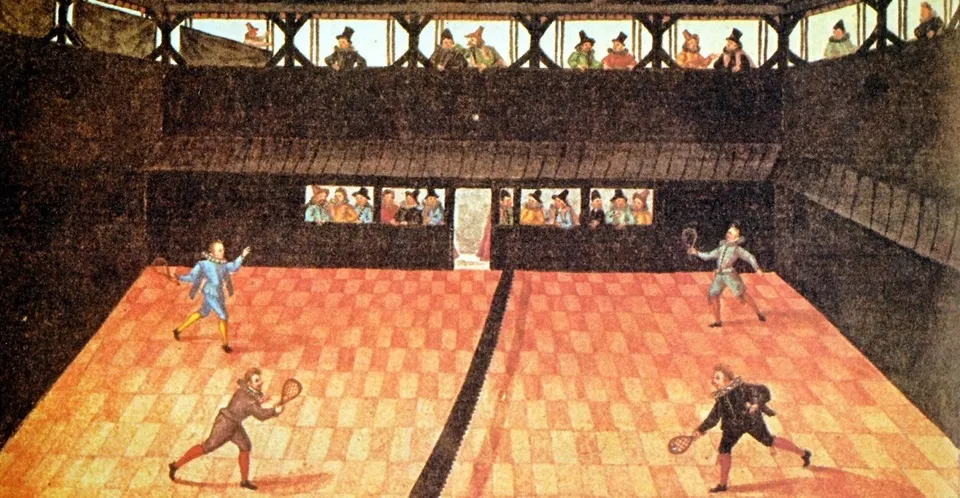 Изображение игры в теннис в книге XVI века Изображение игры в теннис в книге XVI века